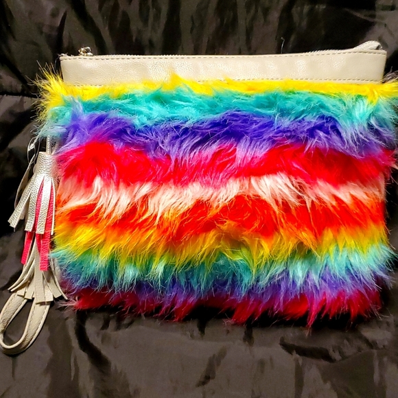Furry Rainbow Tassel Clutch Purse - Picture 1 of 8